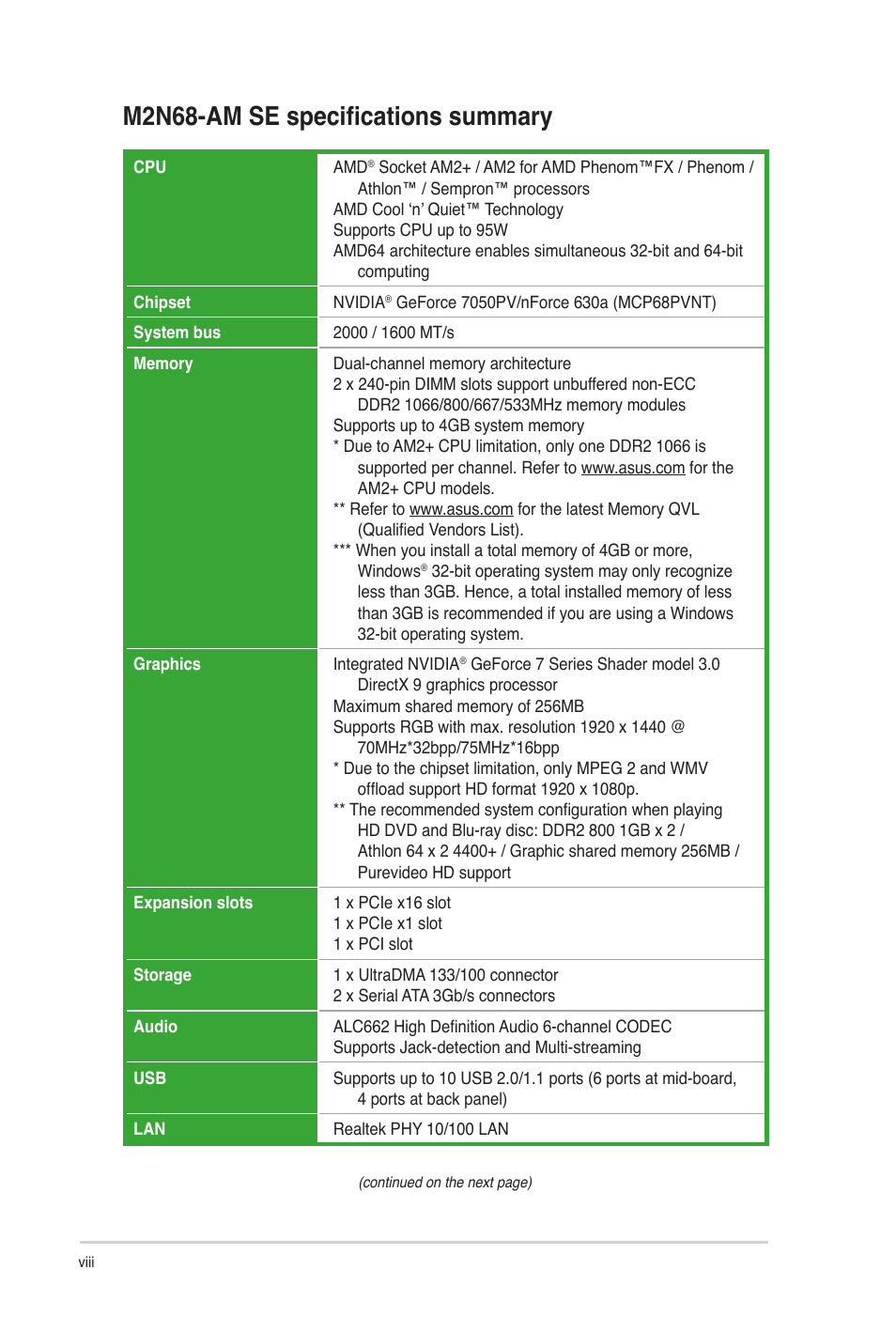 M2n68-am se specifications summary | Asus M2N68-AM SE User Manual | Page 8 / 48