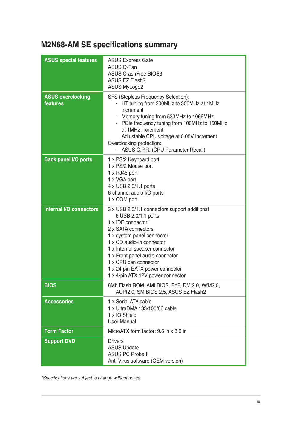 M2n68-am se specifications summary | Asus M2N68-AM SE User Manual | Page 9 / 48