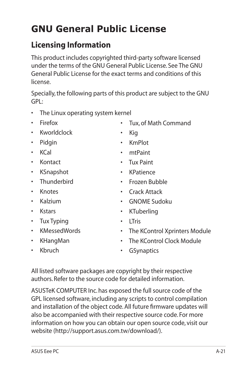 Gnu general public license, Licensing information | Asus Eee PC 2G Surf/Linux User Manual | Page 107 / 120