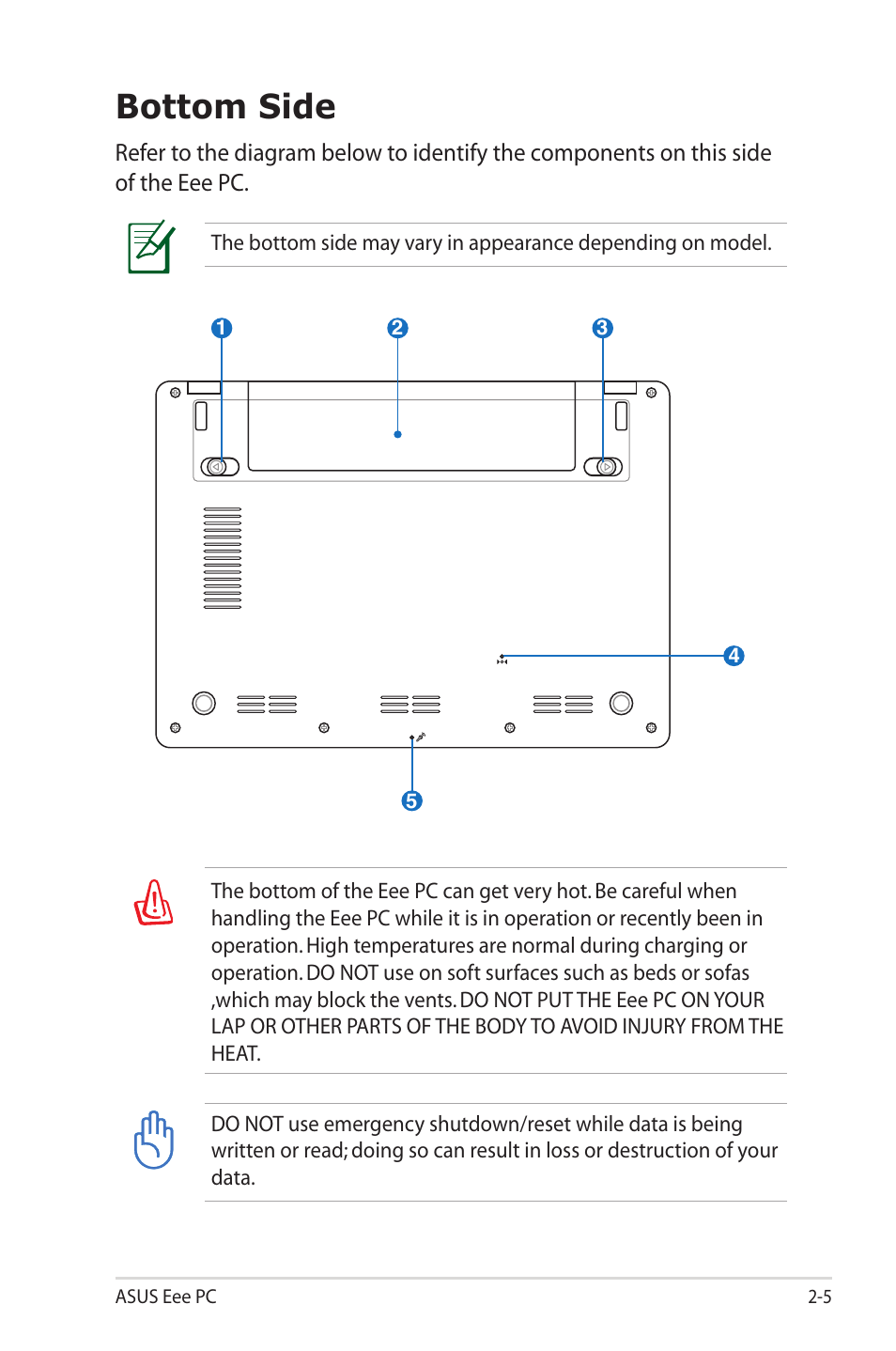 Bottom side | Asus Eee PC 2G Surf/Linux User Manual | Page 15 / 120