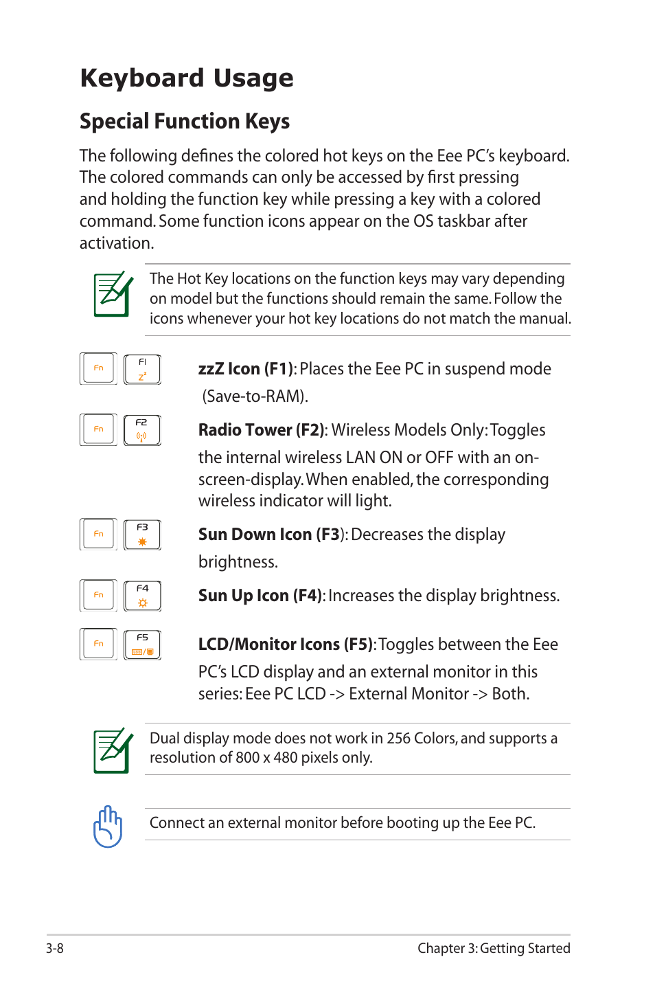 Keyboard usage, Special function keys | Asus Eee PC 2G Surf/Linux User Manual | Page 28 / 120