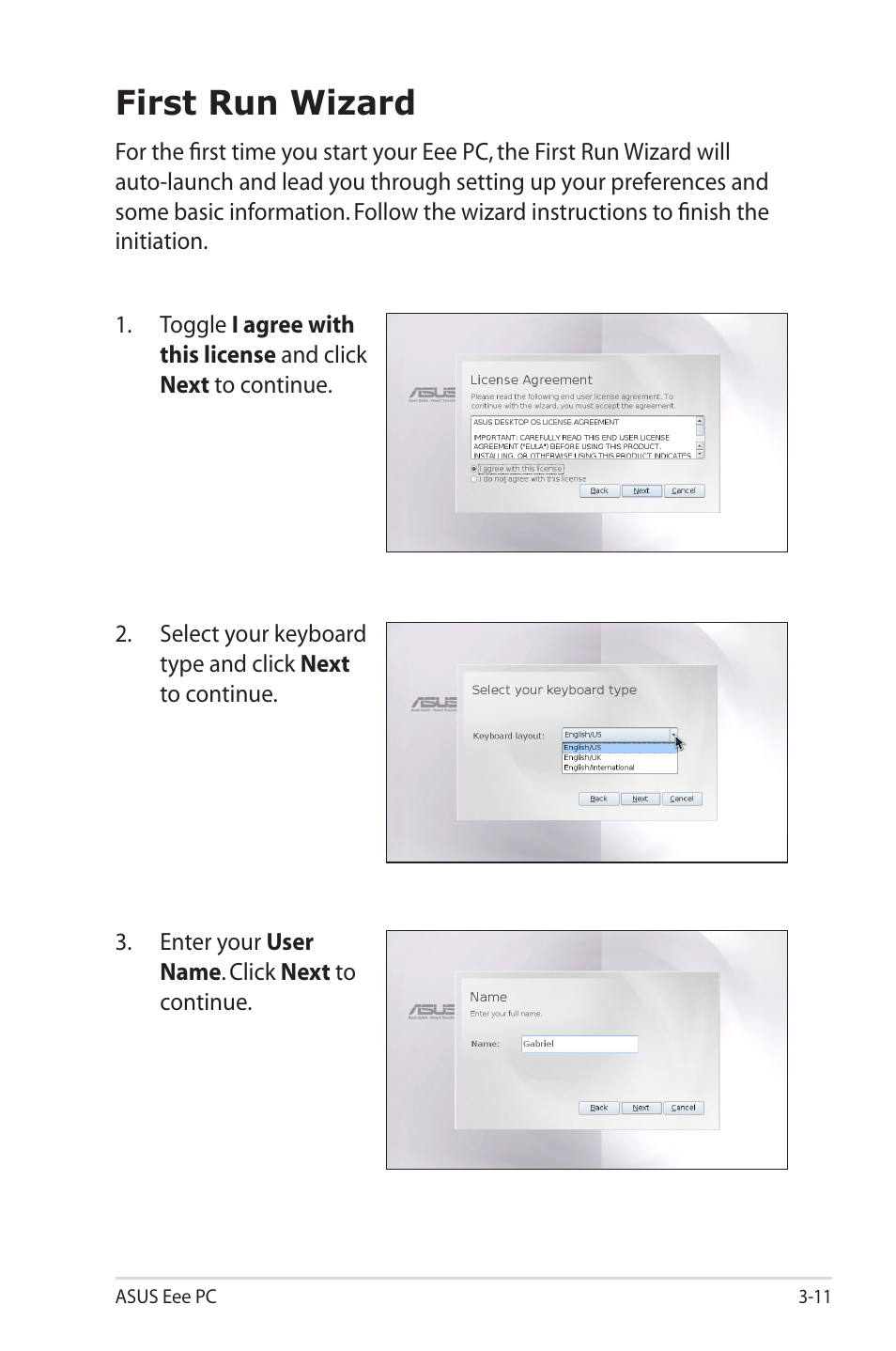 First run wizard | Asus Eee PC 2G Surf/Linux User Manual | Page 31 / 120