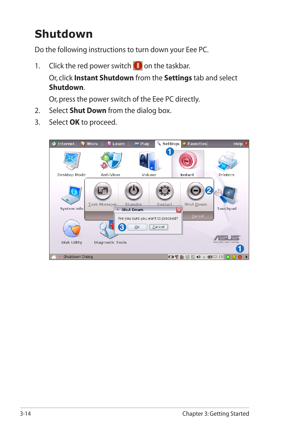 Shutdown | Asus Eee PC 2G Surf/Linux User Manual | Page 34 / 120