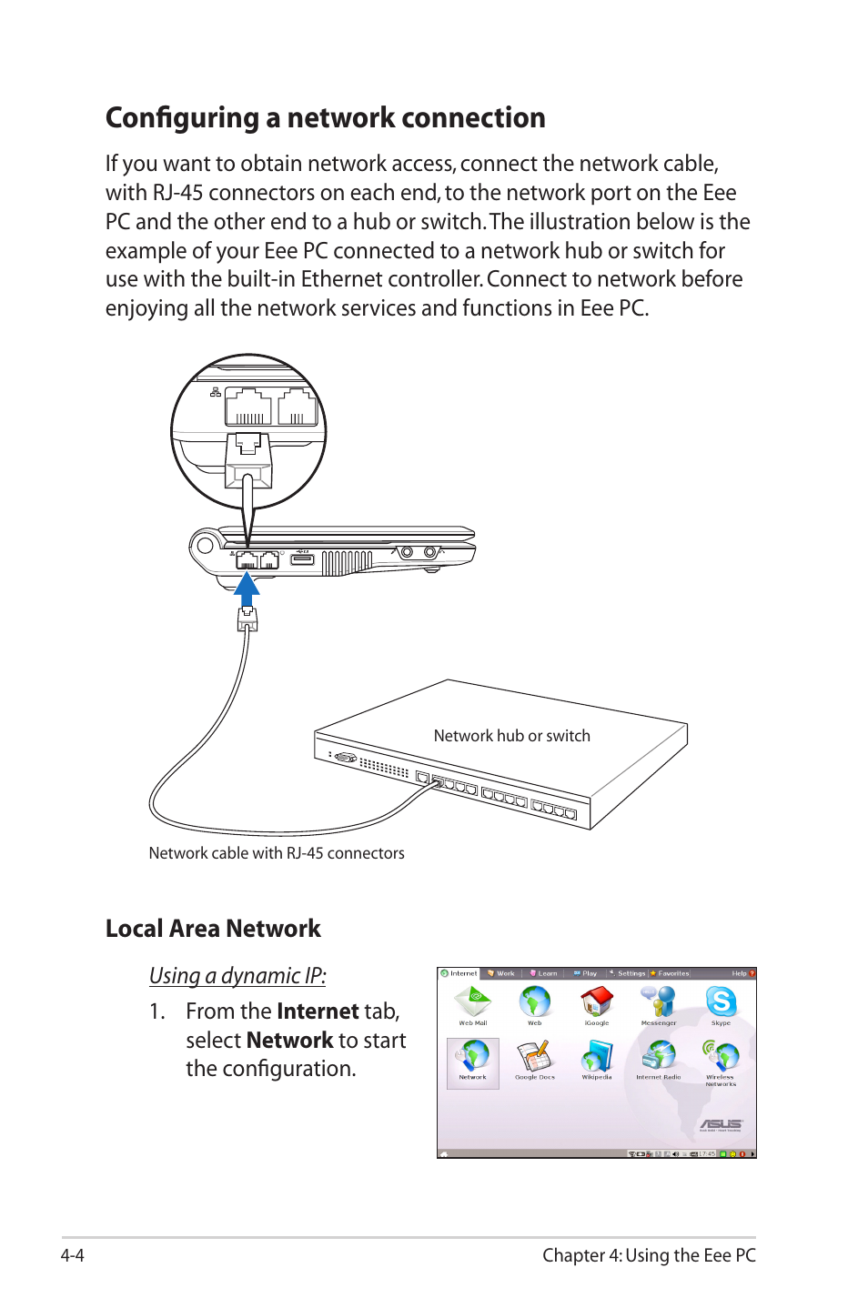 Configuring a network connection, Local area network | Asus Eee PC 2G Surf/Linux User Manual | Page 38 / 120