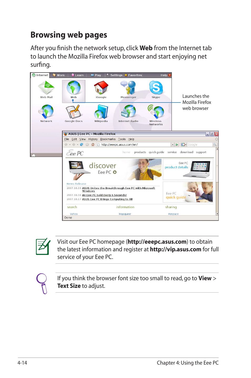 Browsing web pages | Asus Eee PC 2G Surf/Linux User Manual | Page 48 / 120