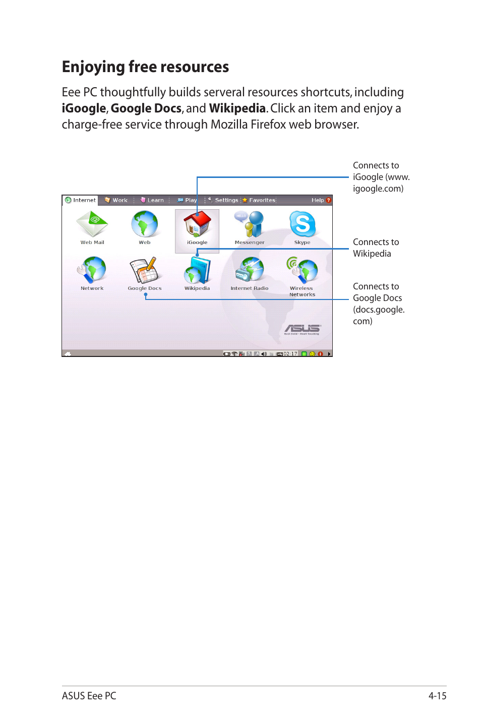 Enjoying free resources | Asus Eee PC 2G Surf/Linux User Manual | Page 49 / 120