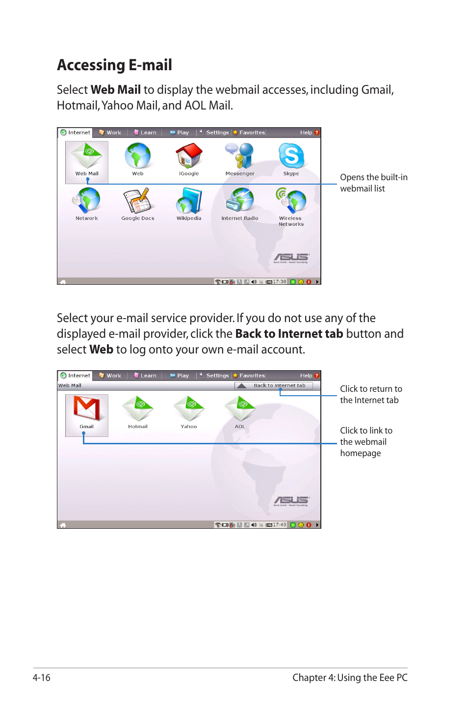 Accessing e-mail | Asus Eee PC 2G Surf/Linux User Manual | Page 50 / 120