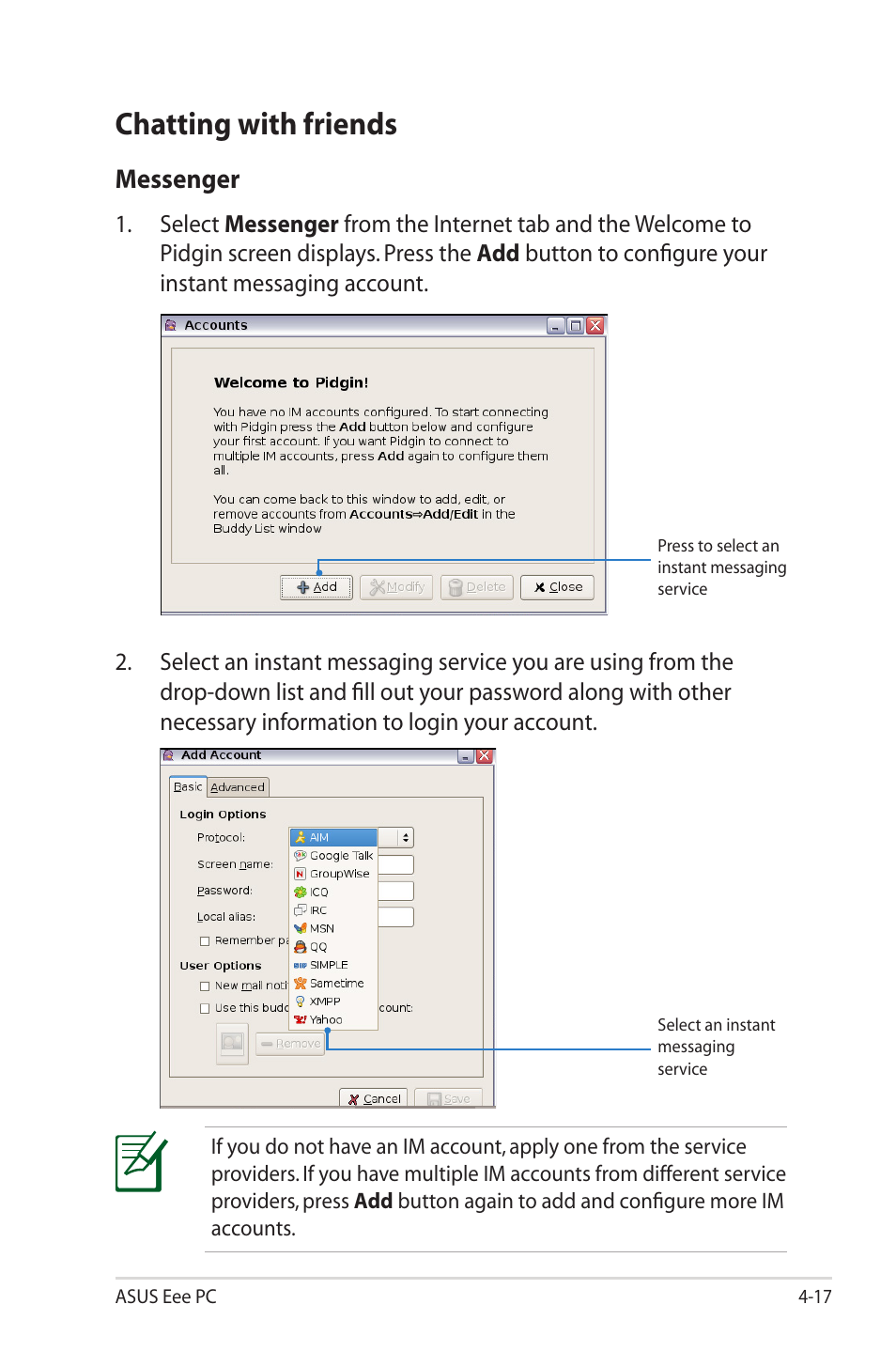Chatting with friends, Messenger | Asus Eee PC 2G Surf/Linux User Manual | Page 51 / 120