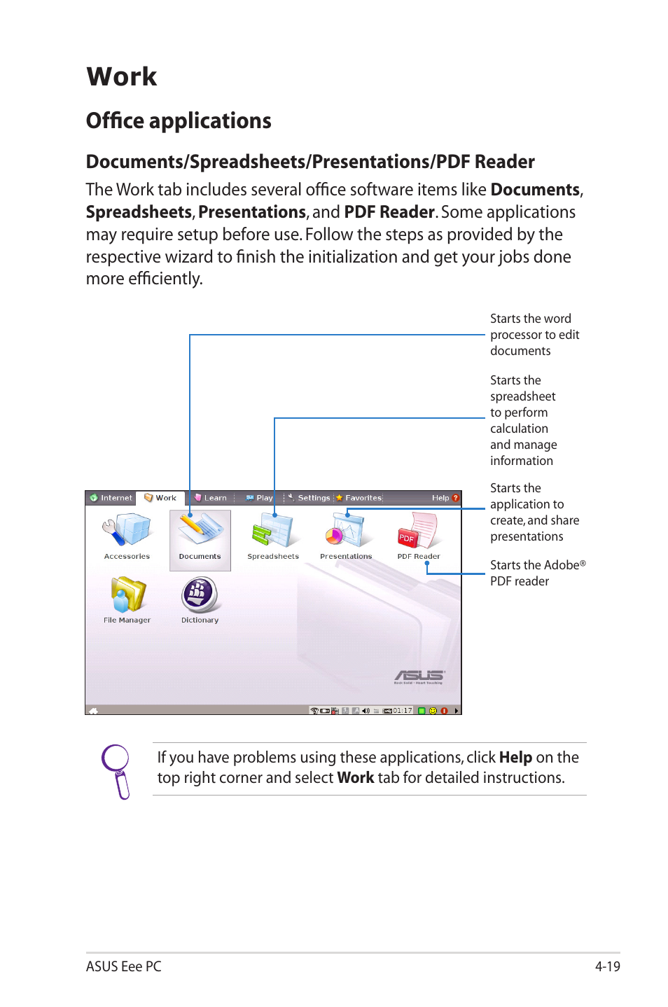 Work, Office applications, Documents/spreadsheets/presentations/pdf reader | Asus Eee PC 2G Surf/Linux User Manual | Page 53 / 120