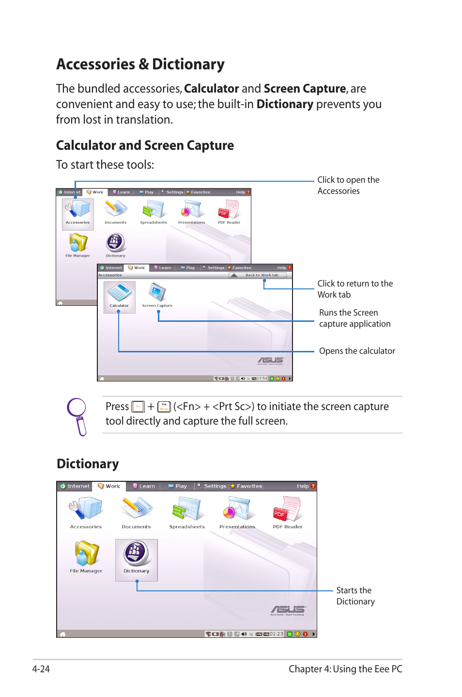 Accessories & dictionary, Calculator and screen capture, Dictionary | Asus Eee PC 2G Surf/Linux User Manual | Page 58 / 120