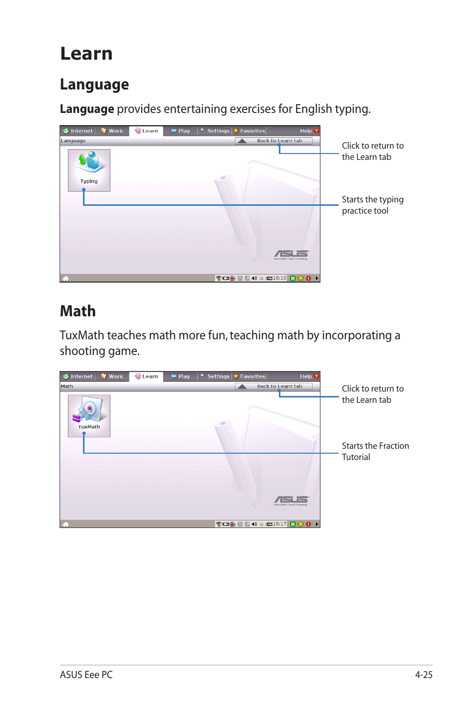 Learn, Language, Math | Asus Eee PC 2G Surf/Linux User Manual | Page 59 / 120
