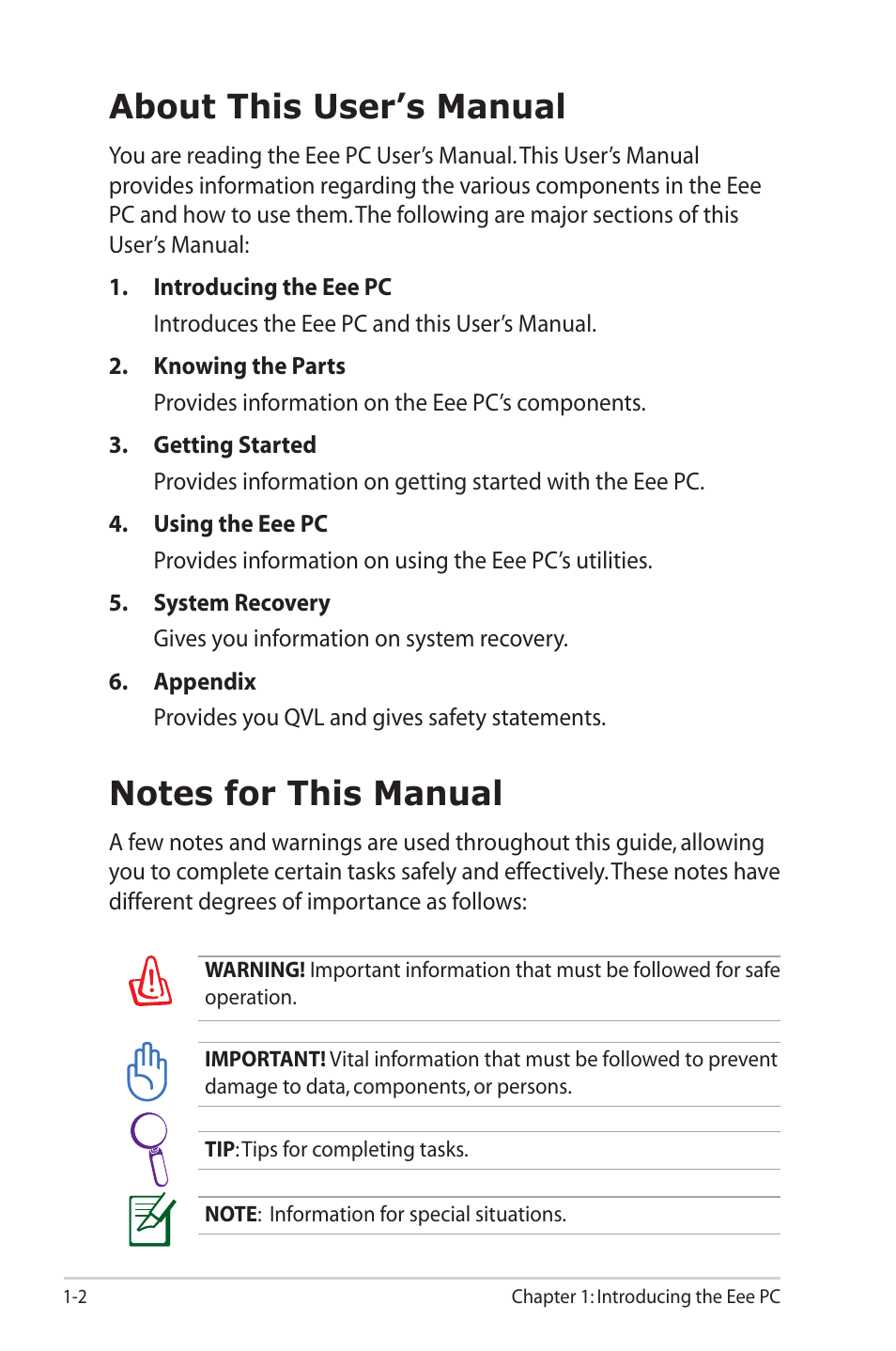 About this user’s manual | Asus Eee PC 2G Surf/Linux User Manual | Page 6 / 120