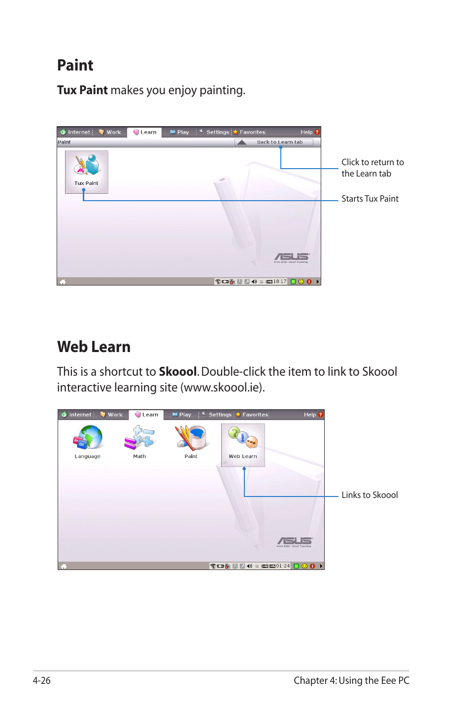 Paint, Web learn | Asus Eee PC 2G Surf/Linux User Manual | Page 60 / 120