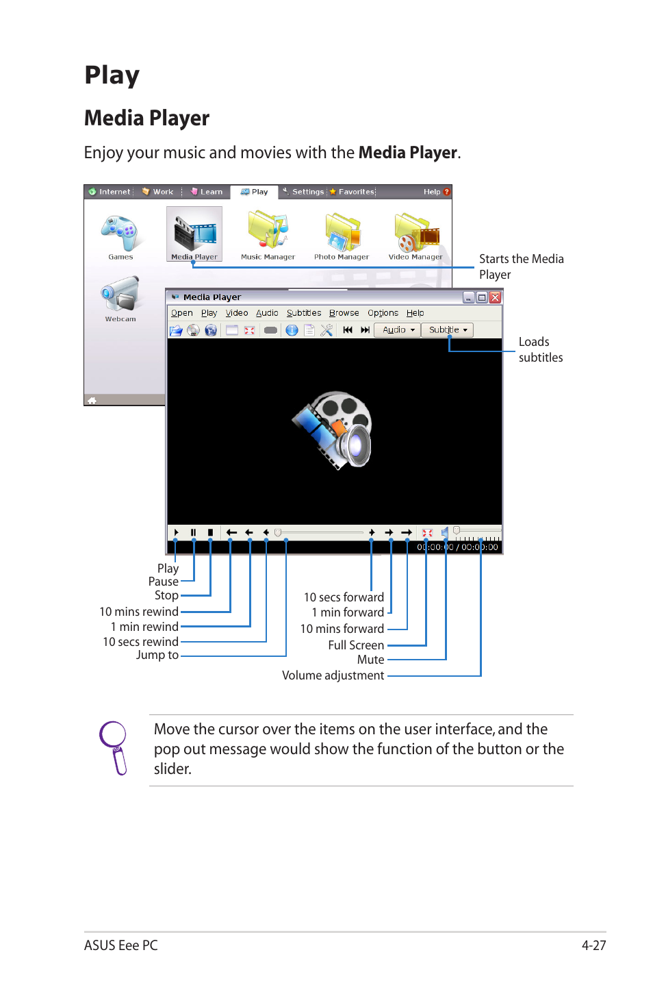 Play, Media player, Enjoy your music and movies with the media player | Asus Eee PC 2G Surf/Linux User Manual | Page 61 / 120