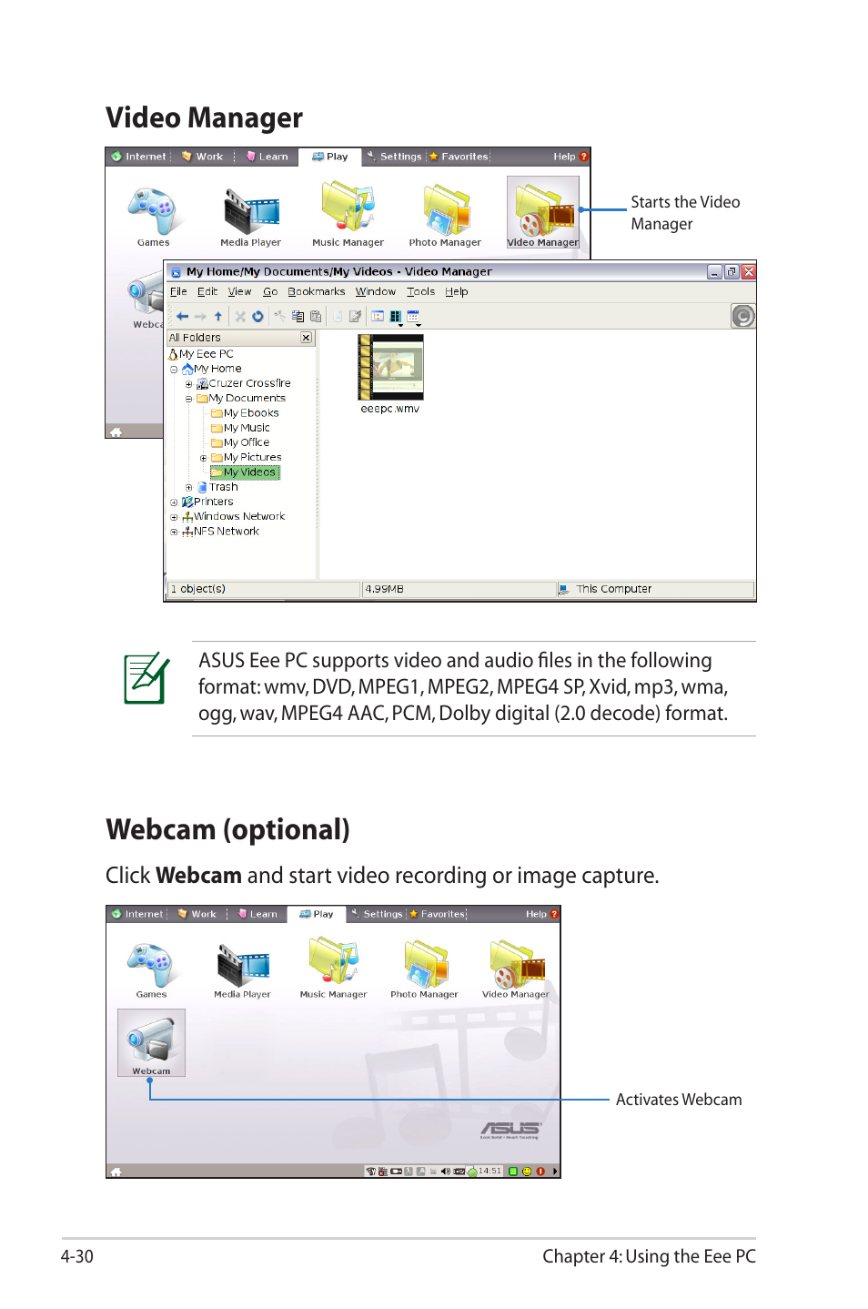 Webcam (optional), Video manager | Asus Eee PC 2G Surf/Linux User Manual | Page 64 / 120