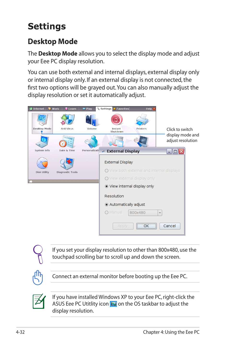 Settings, Desktop mode | Asus Eee PC 2G Surf/Linux User Manual | Page 66 / 120