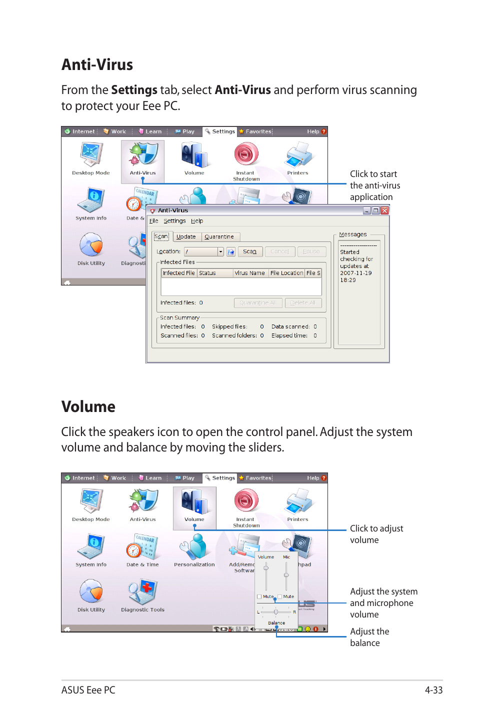 Anti-virus, Volume | Asus Eee PC 2G Surf/Linux User Manual | Page 67 / 120