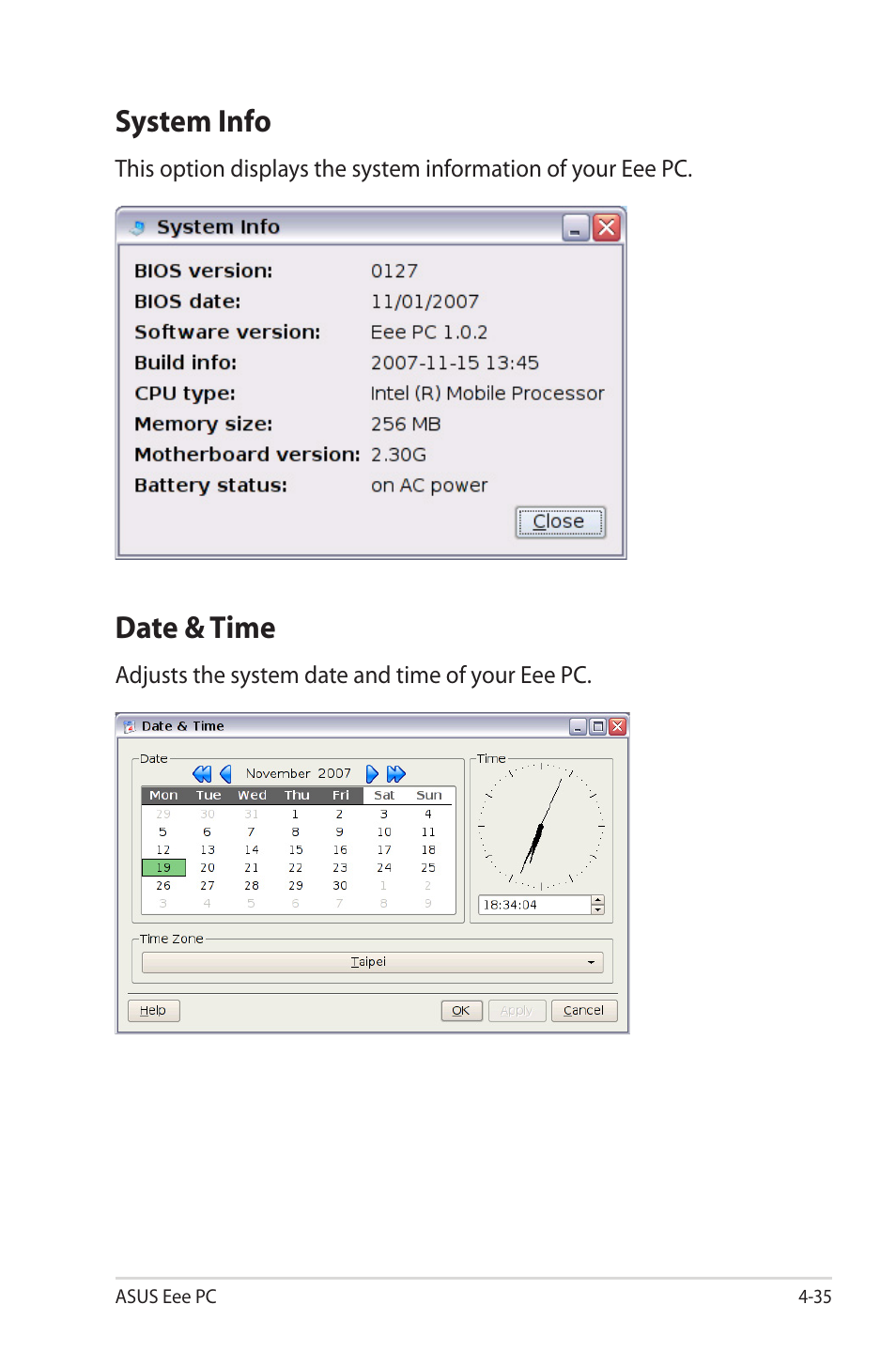 System info, Date & time | Asus Eee PC 2G Surf/Linux User Manual | Page 69 / 120