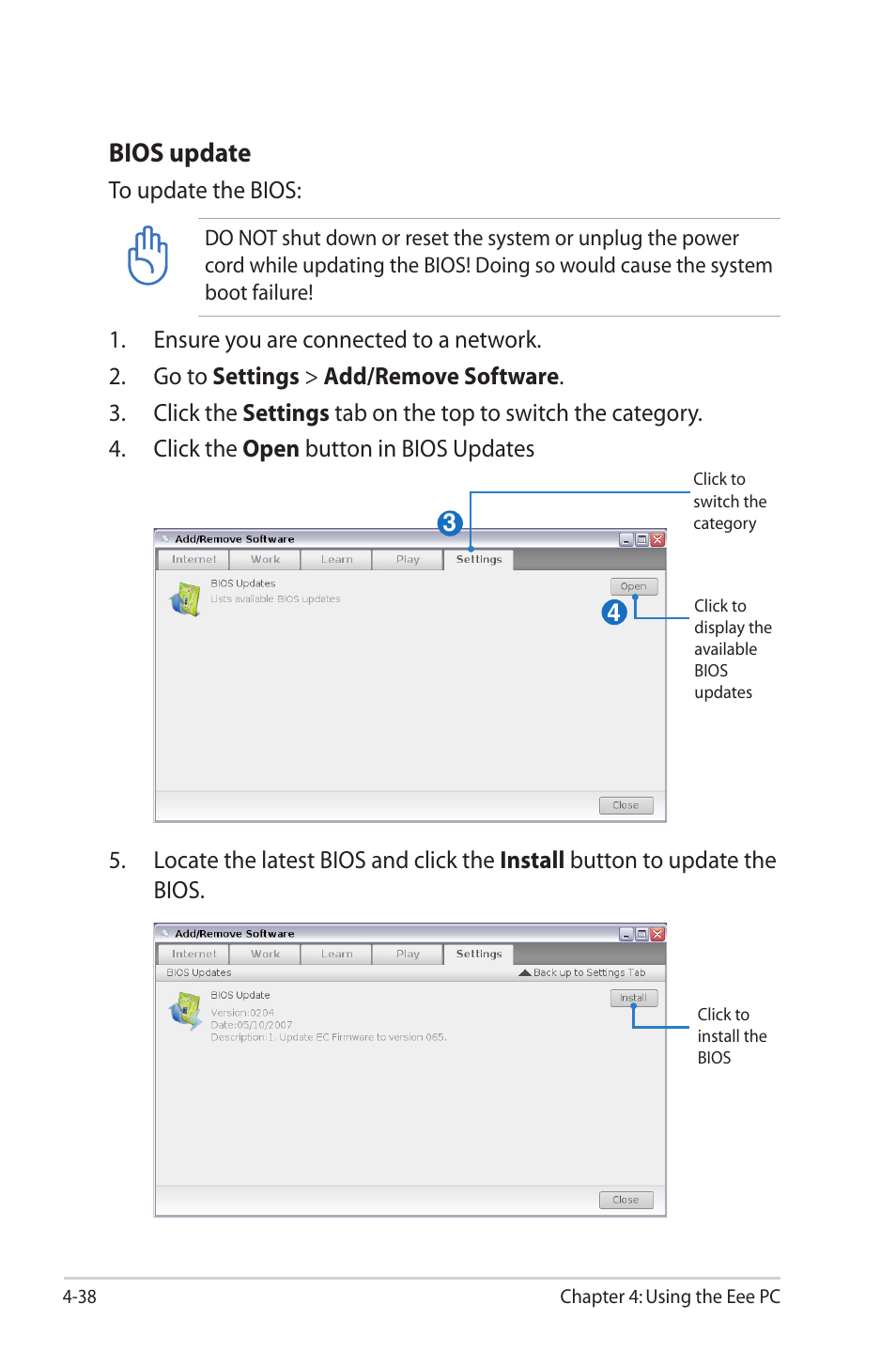 Bios update | Asus Eee PC 2G Surf/Linux User Manual | Page 72 / 120