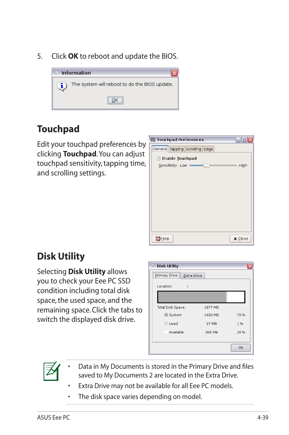 Touchpad, Disk utility | Asus Eee PC 2G Surf/Linux User Manual | Page 73 / 120