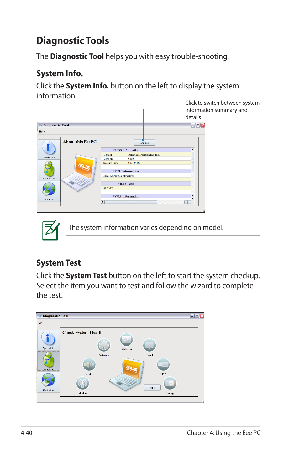 Diagnostic tools | Asus Eee PC 2G Surf/Linux User Manual | Page 74 / 120