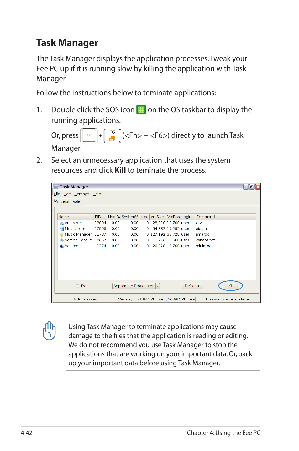 Task manager | Asus Eee PC 2G Surf/Linux User Manual | Page 76 / 120