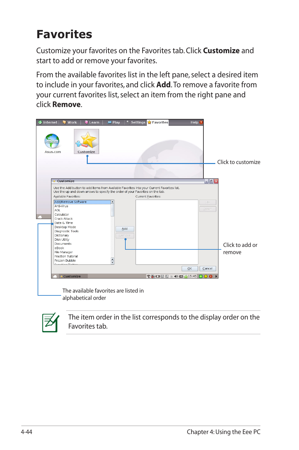 Favorites | Asus Eee PC 2G Surf/Linux User Manual | Page 78 / 120