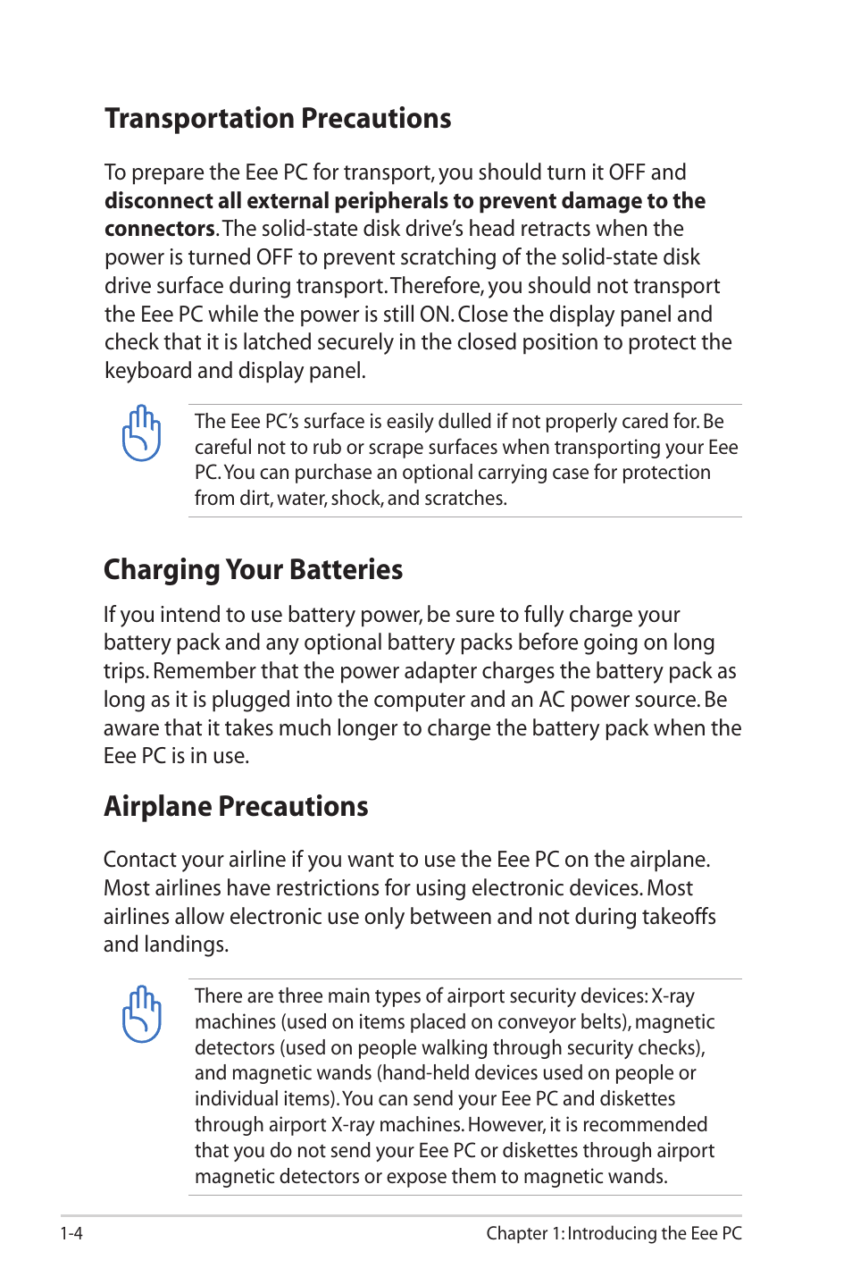 Transportation precautions, Charging your batteries, Airplane precautions | Asus Eee PC 2G Surf/Linux User Manual | Page 8 / 120