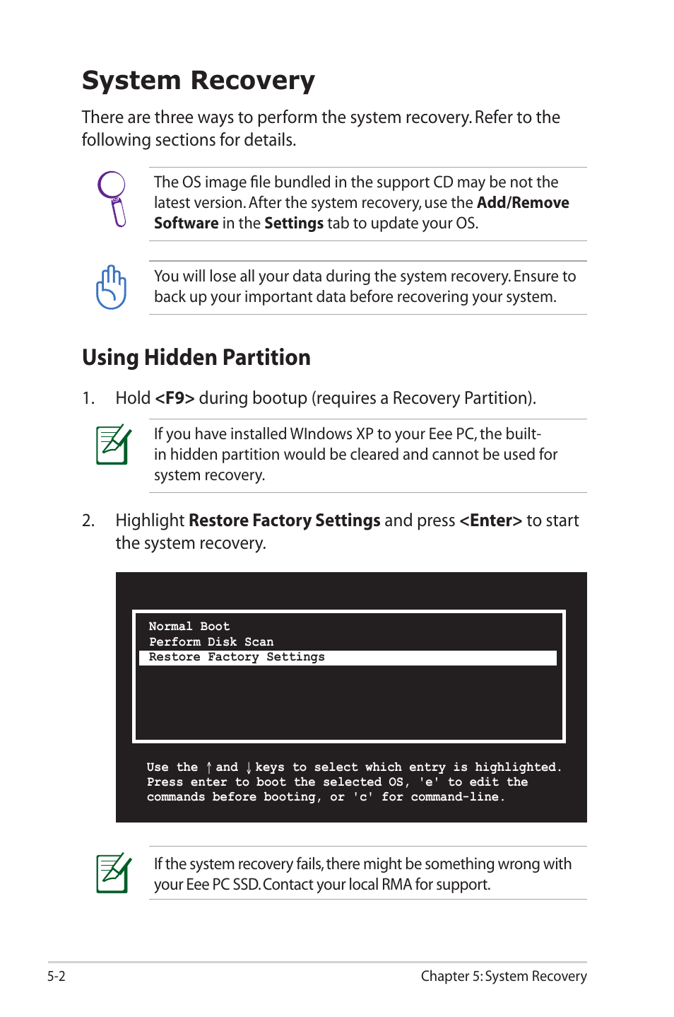 System recovery, Using hidden partition | Asus Eee PC 2G Surf/Linux User Manual | Page 80 / 120