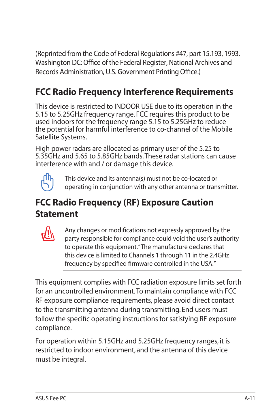 Fcc radio frequency interference requirements | Asus Eee PC 2G Surf/Linux User Manual | Page 97 / 120