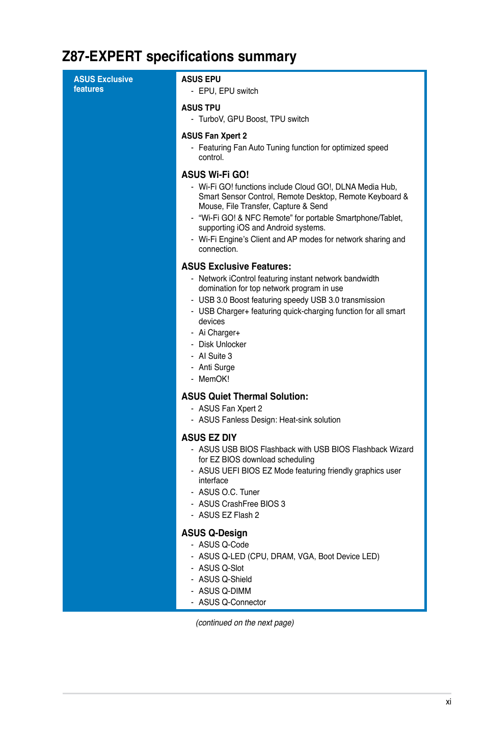 Z87-expert specifications summary | Asus Z87-EXPERT User Manual | Page 11 / 174