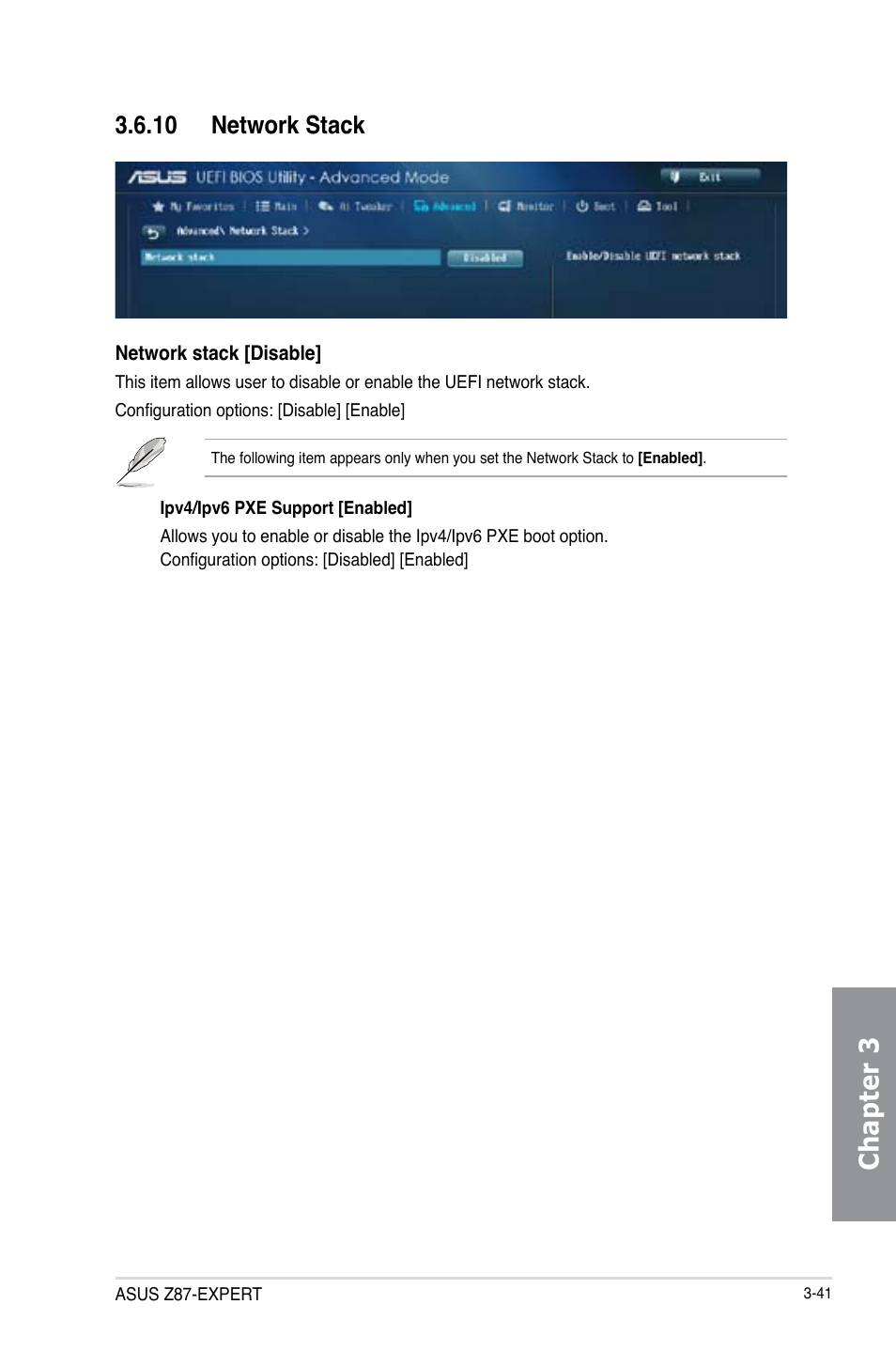 10 network stack, Network stack -41, Chapter 3 | Asus Z87-EXPERT User Manual | Page 125 / 174