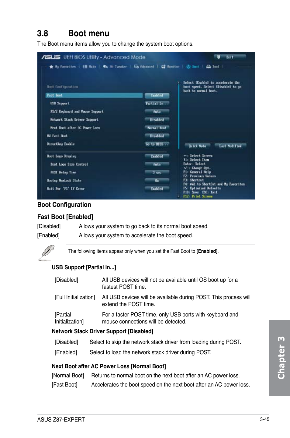 8 boot menu, Boot menu -45, Chapter 3 3.8 boot menu | Asus Z87-EXPERT User Manual | Page 129 / 174