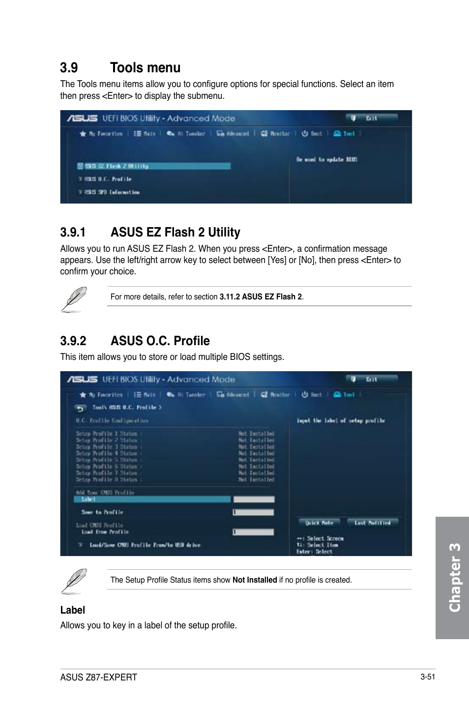 9 tools menu, 1 asus ez flash 2 utility, 2 asus o.c. profile | Tools menu -51 3.9.1, Asus ez flash 2 utility -51, Asus o.c. profile -51, Chapter 3 3.9 tools menu, �.2 asus o.c. profile | Asus Z87-EXPERT User Manual | Page 135 / 174