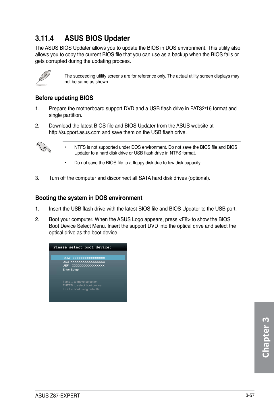 4 asus bios updater, Asus bios updater -57, Chapter 3 | Before updating bios, Booting the system in dos environment, Asus z87-expert | Asus Z87-EXPERT User Manual | Page 141 / 174