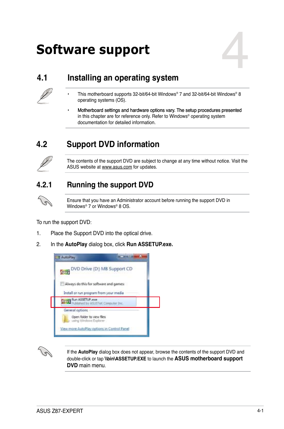 Chapter 4: software support, 1 installing an operating system, 2 support dvd information | 1 running the support dvd, Chapter 4, Software support, Installing an operating system -1, Support dvd information -1, Running the support dvd -1 | Asus Z87-EXPERT User Manual | Page 145 / 174