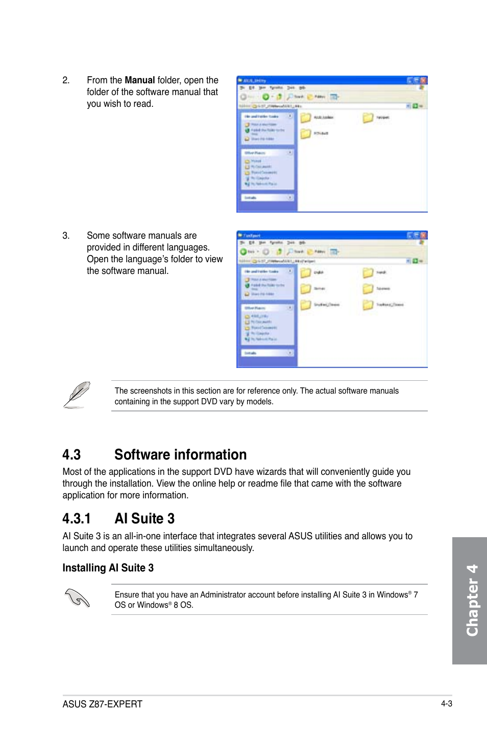 3 software information, 1 ai suite 3, Software information -3 | 1 ai suite 3 -3, Chapter 4 | Asus Z87-EXPERT User Manual | Page 147 / 174