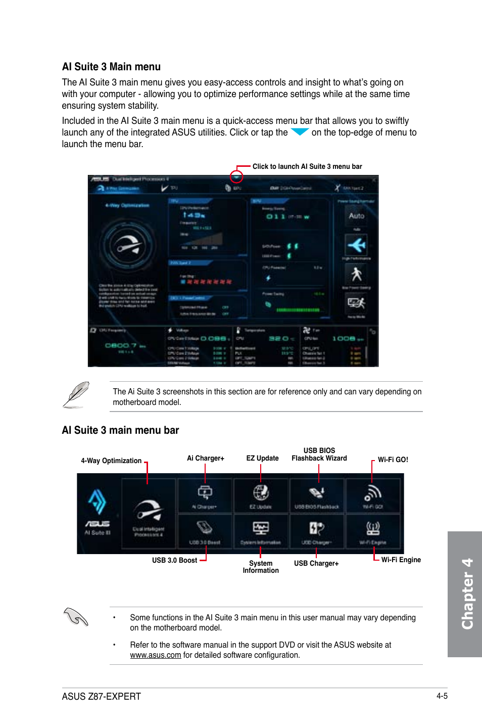 Chapter 4, Ai suite 3 main menu, Ai suite 3 main menu bar | Asus Z87-EXPERT User Manual | Page 149 / 174