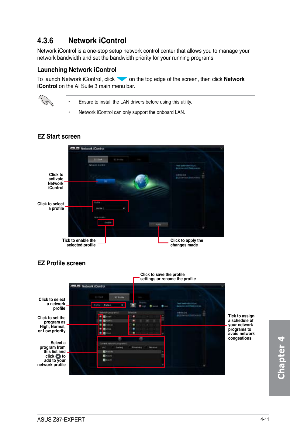 6 network icontrol, Network icontrol -11, Chapter 4 | Launching network icontrol, Ez start screen, Ez profile screen | Asus Z87-EXPERT User Manual | Page 155 / 174