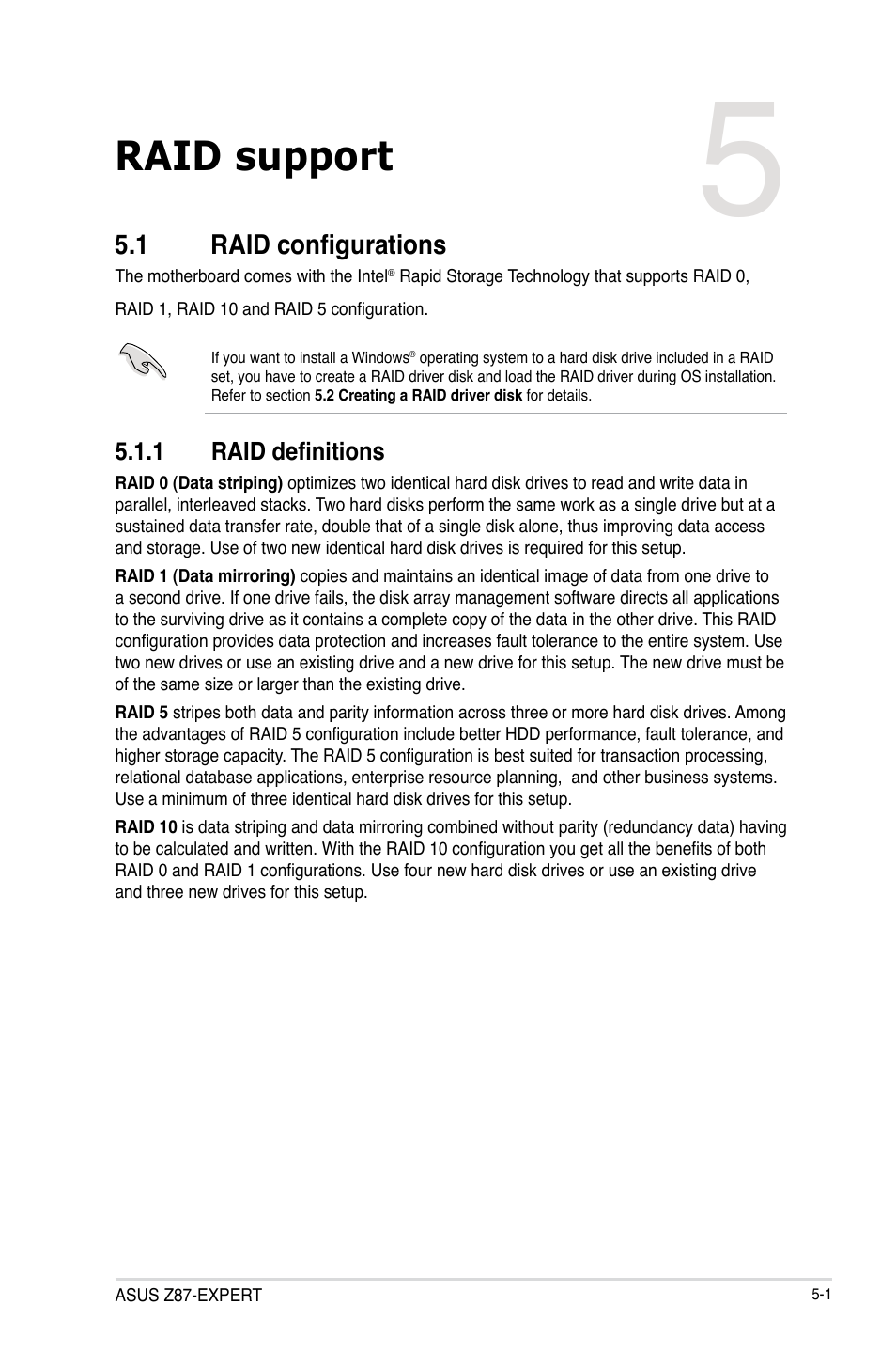 Chapter 5: raid support, 1 raid configurations, 1 raid definitions | Chapter 5, Raid support, Raid configurations -1 5.1.1, Raid definitions -1 | Asus Z87-EXPERT User Manual | Page 161 / 174