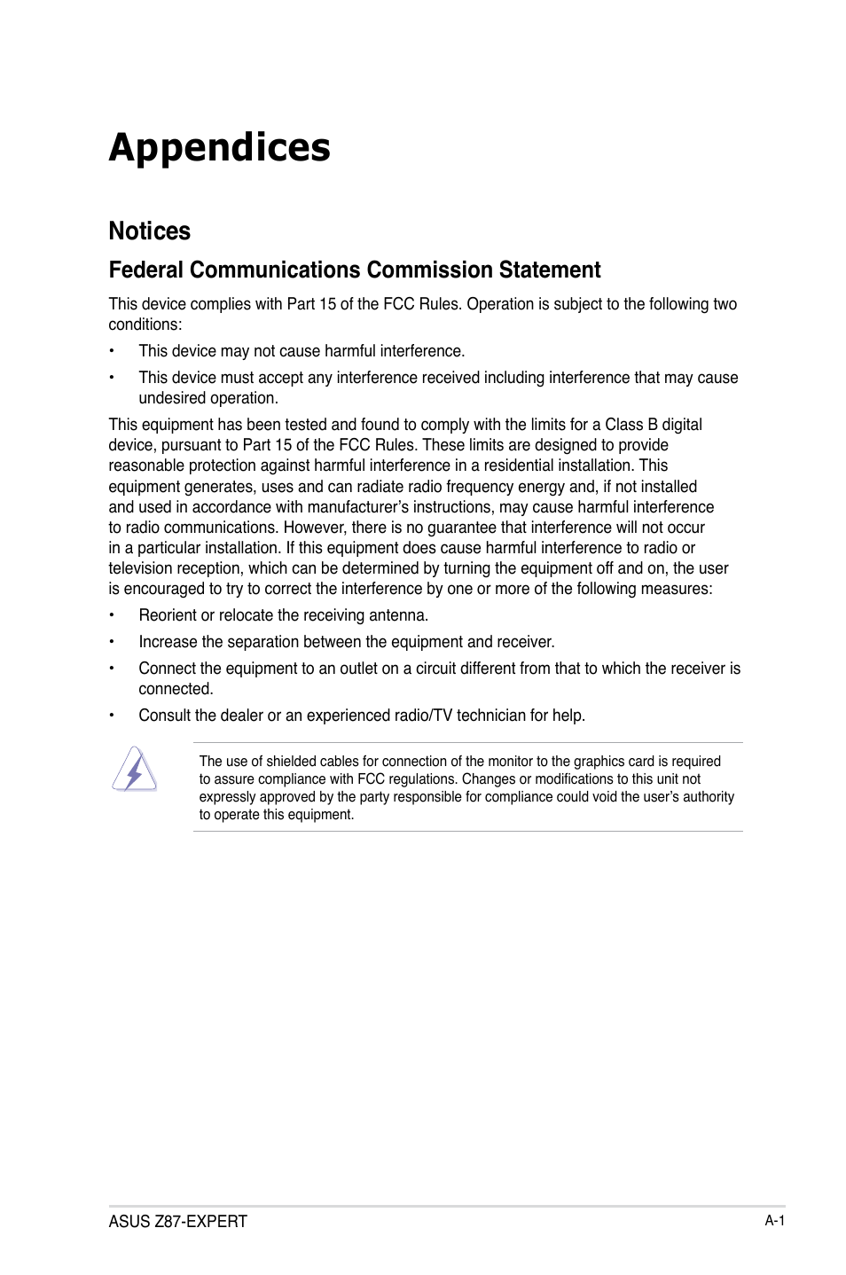 Appendices, Notices, Federal communications commission statement | Asus Z87-EXPERT User Manual | Page 169 / 174