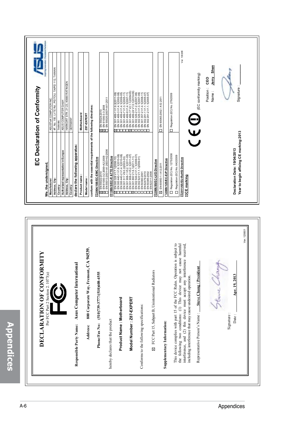 Appendices, Ec declaration of conformity, Declaration of conformity | Asu s c om pu te r in te rn at io na l, Address: 800 corporate way, fremont | Asus Z87-EXPERT User Manual | Page 174 / 174