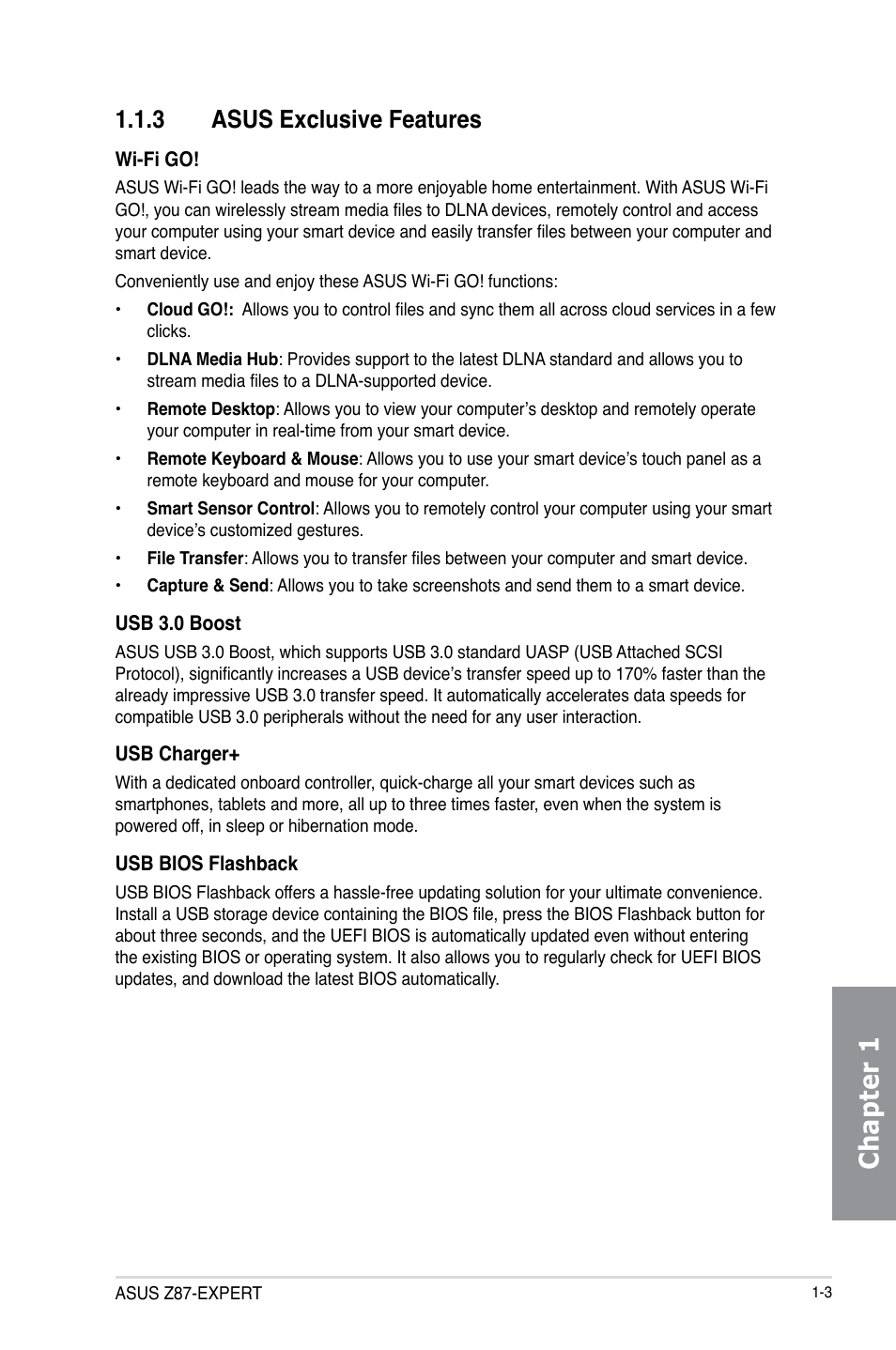 3 asus exclusive features, Asus exclusive features -3, Chapter 1 | Asus Z87-EXPERT User Manual | Page 19 / 174