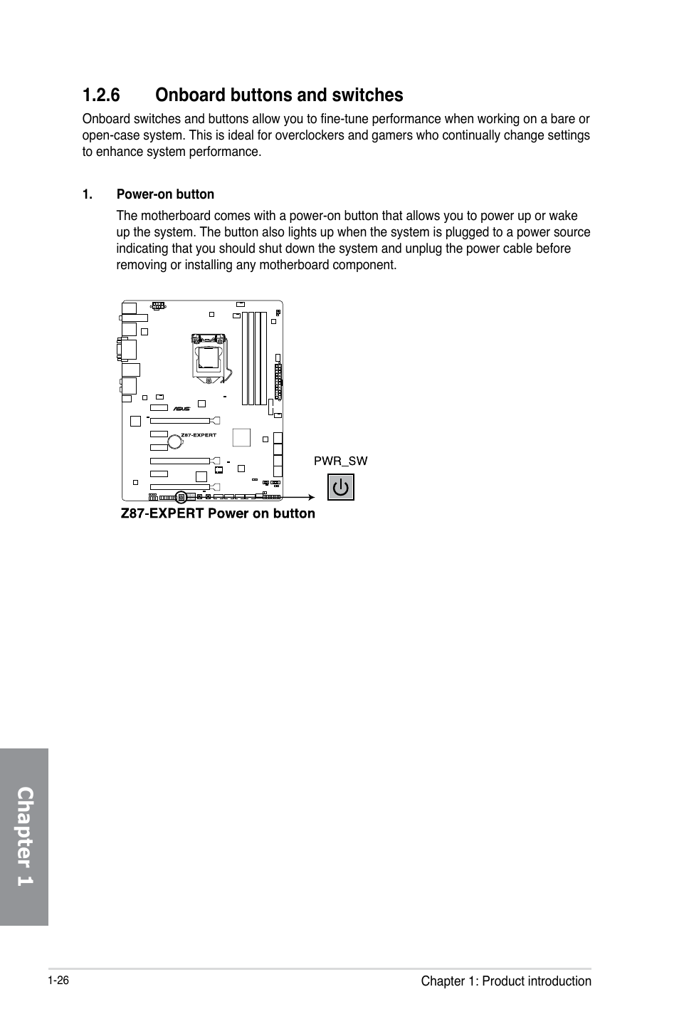 6 onboard buttons and switches, Onboard buttons and switches -26, Chapter 1 | Asus Z87-EXPERT User Manual | Page 42 / 174