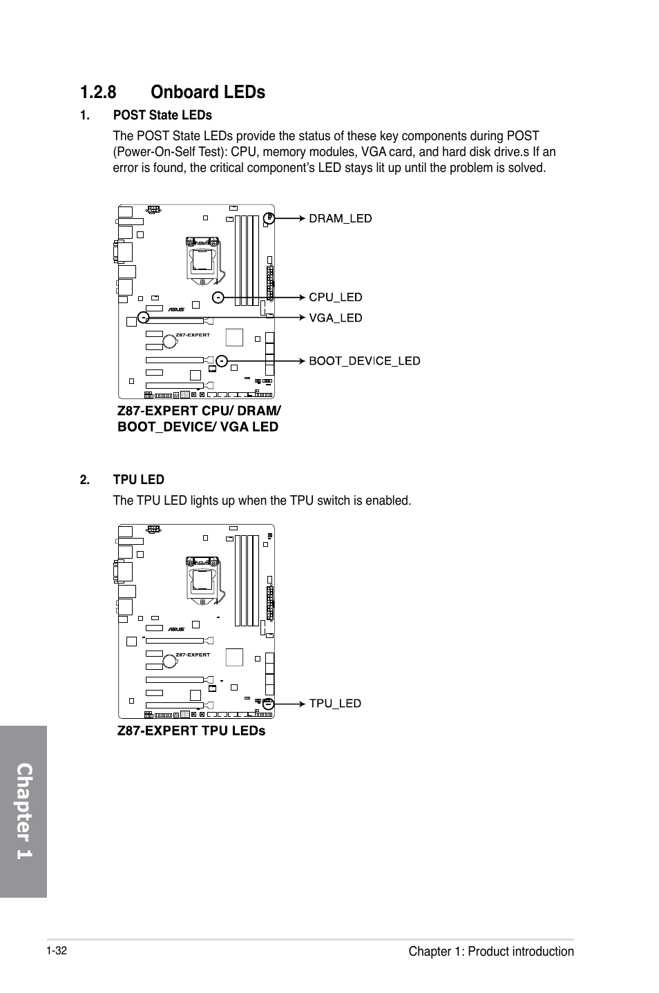 8 onboard leds, Onboard leds -32, Chapter 1 | Asus Z87-EXPERT User Manual | Page 48 / 174