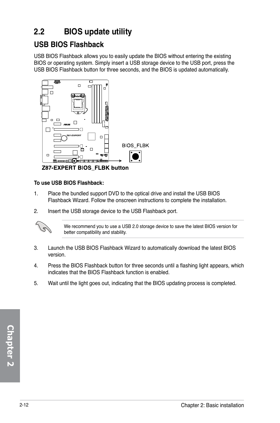 2 bios update utility, Bios update utility -12, Chapter 2 2.2 bios update utility | Usb bios flashback | Asus Z87-EXPERT User Manual | Page 76 / 174