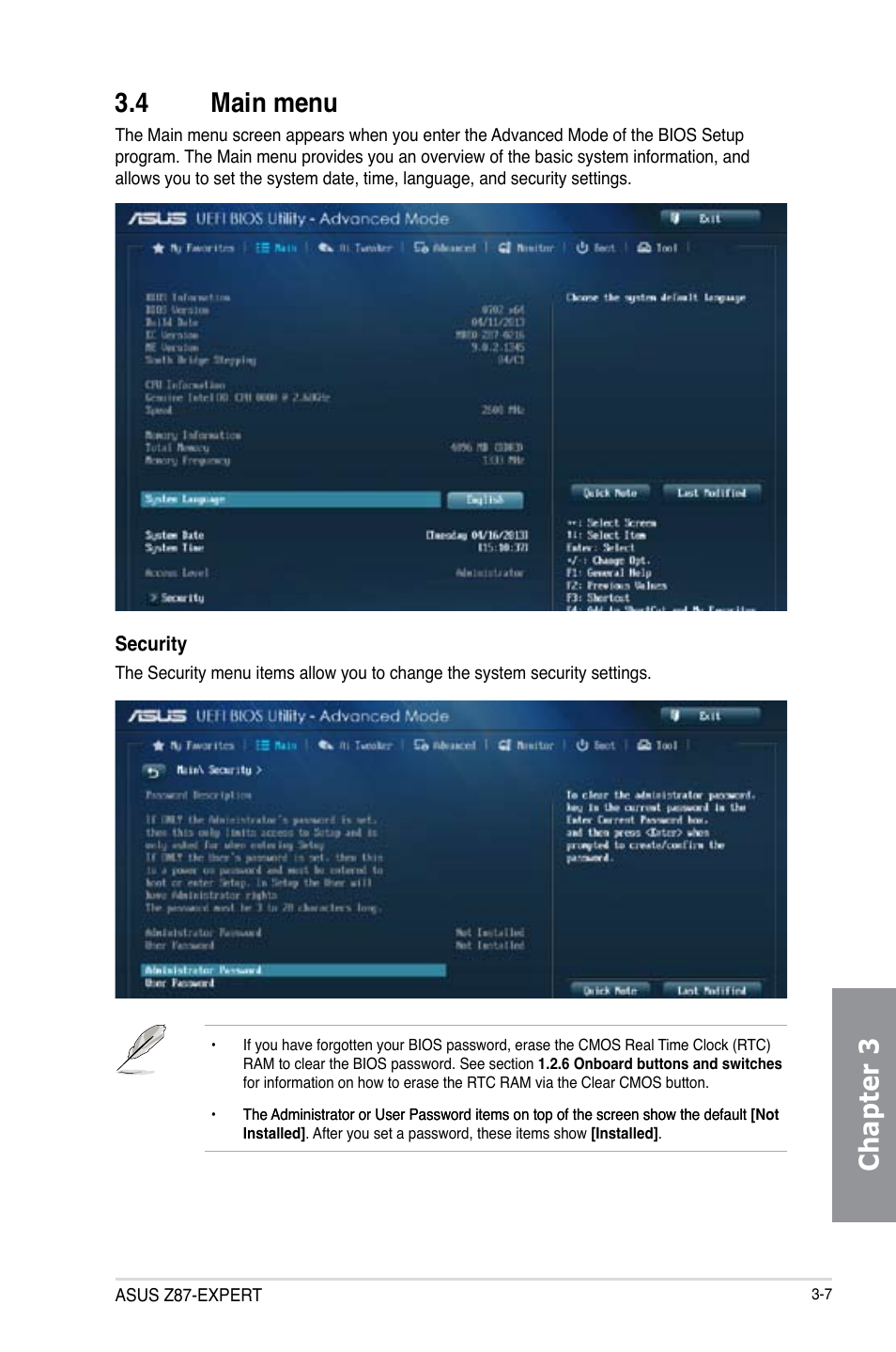 4 main menu, Main menu -7, Chapter 3 3.4 main menu | Asus Z87-EXPERT User Manual | Page 91 / 174