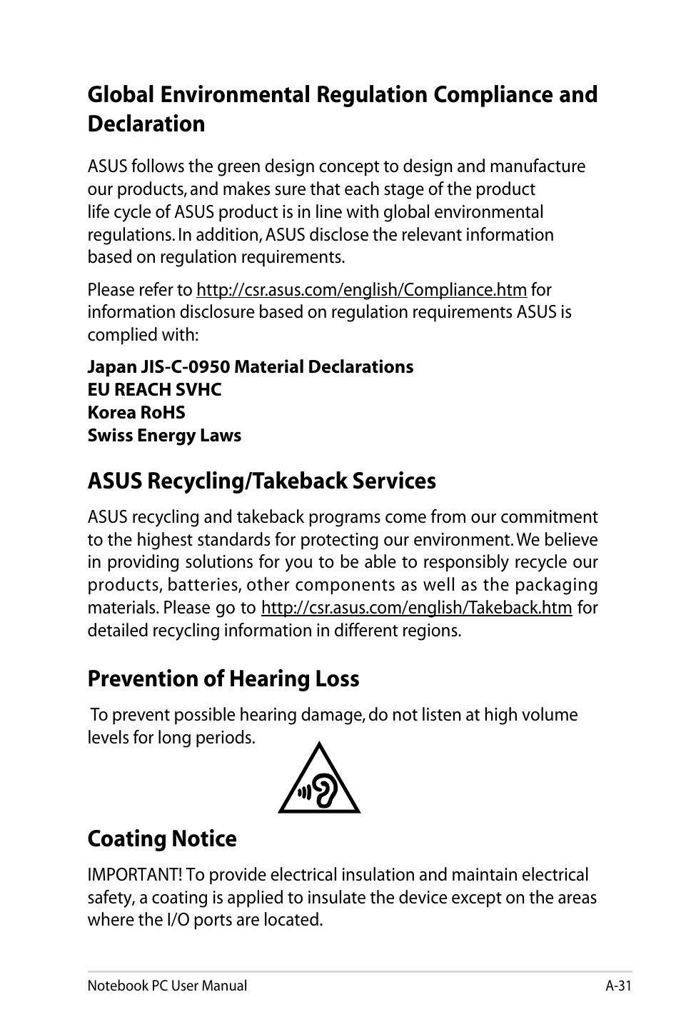Asus recycling/takeback services, Prevention of hearing loss, Coating notice | Asus Pro45VJ User Manual | Page 103 / 106
