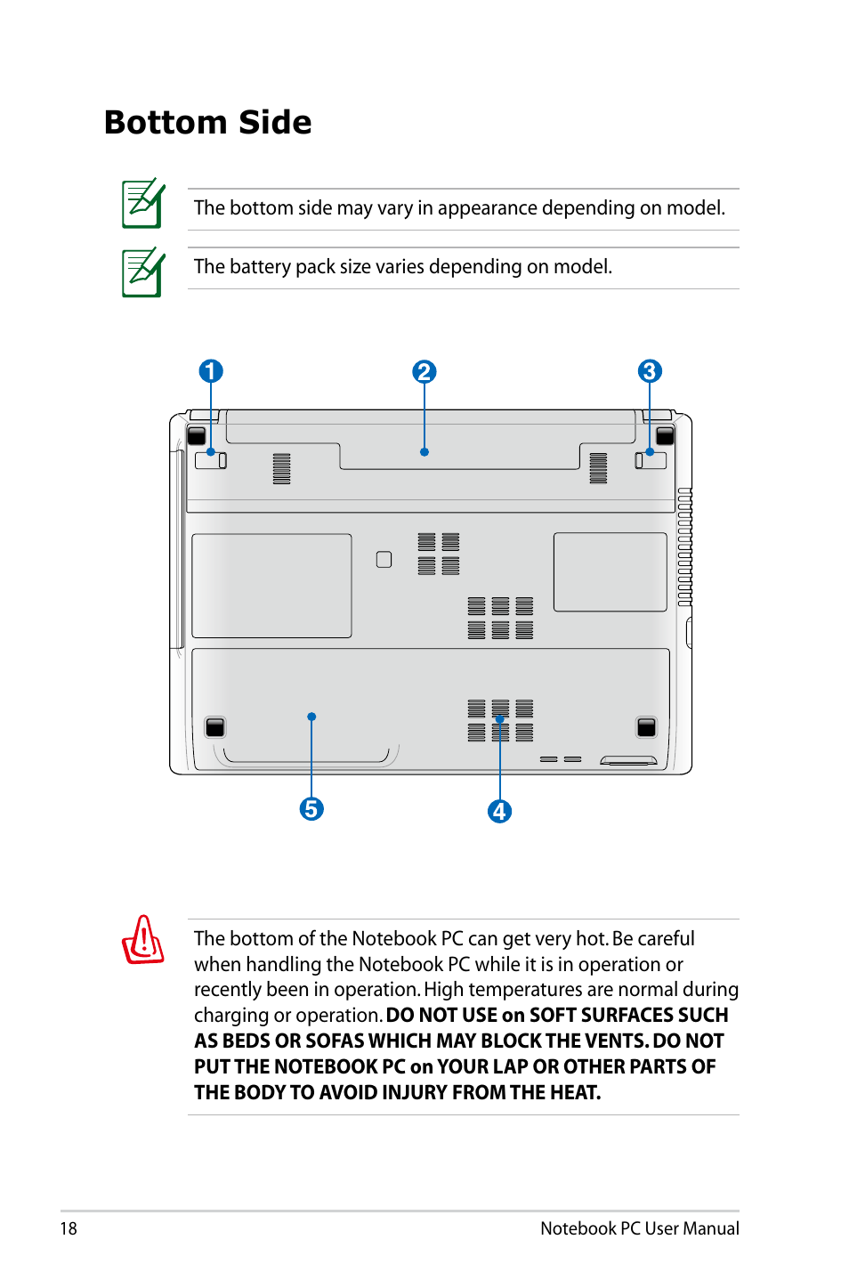 Bottom side | Asus Pro45VJ User Manual | Page 18 / 106