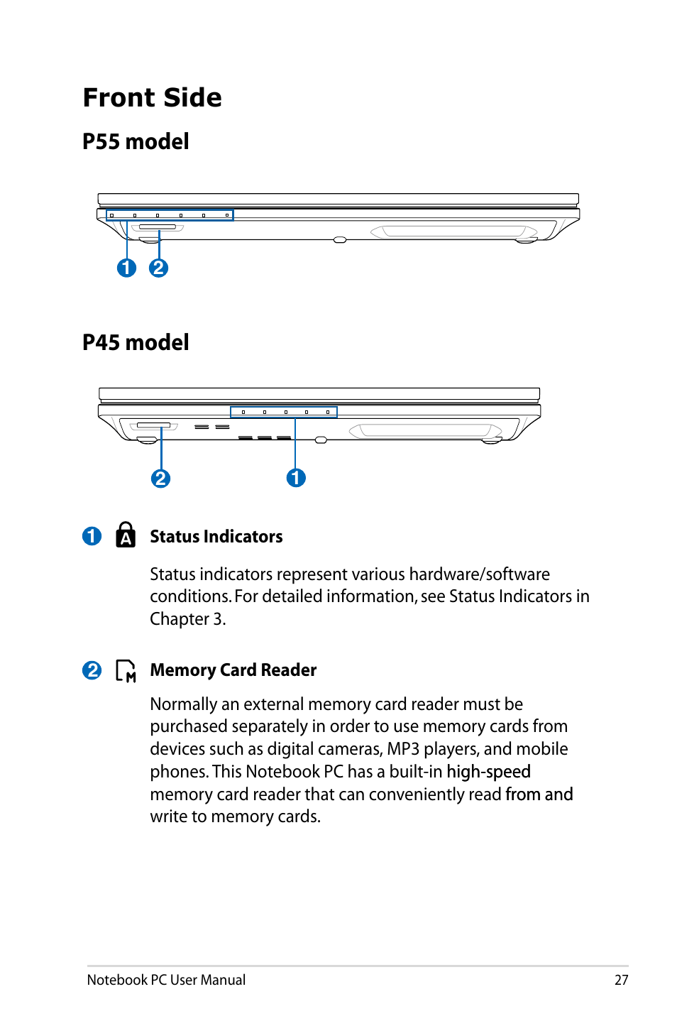 Front side, P55 model, P45 model | P55 model p45 model | Asus Pro45VJ User Manual | Page 27 / 106